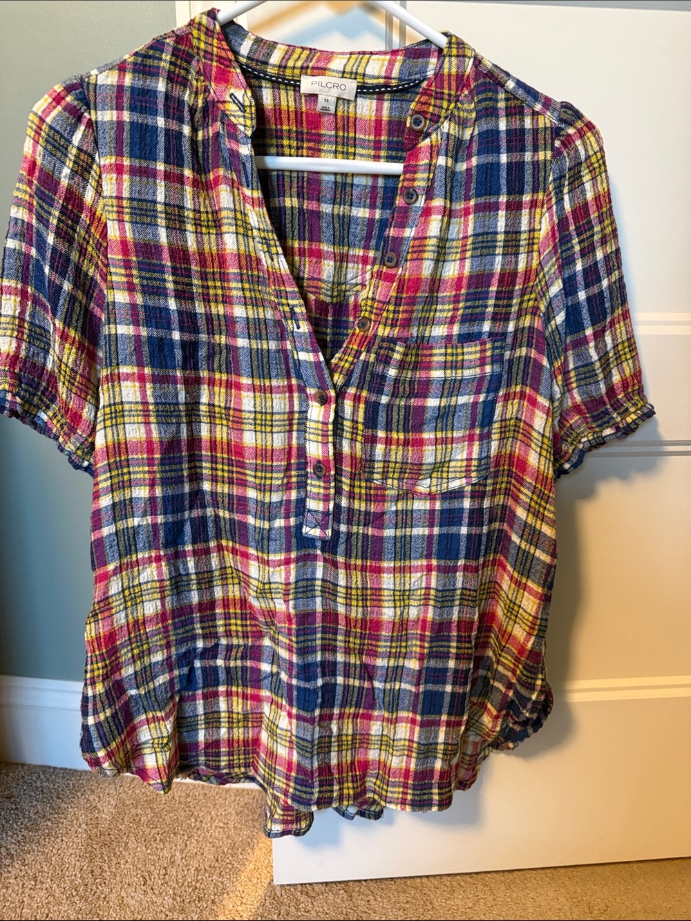 Pilcro Multicolor Plaid Short Sleeve Button Top